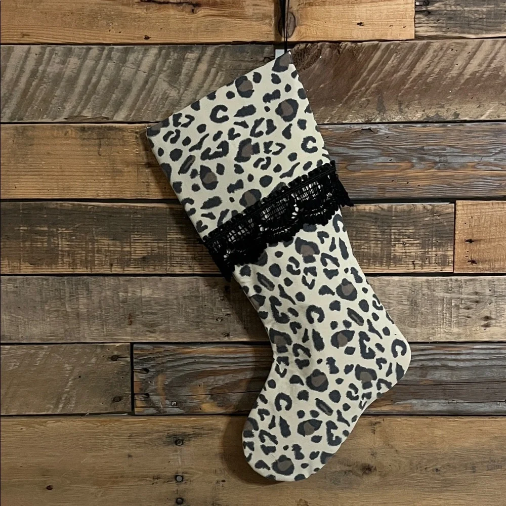Leopard Print Christmas Stocking with Black Lace